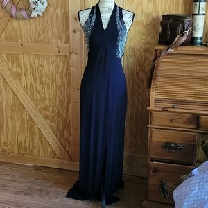 Cache Navy Halter Evening Gown Sequined
